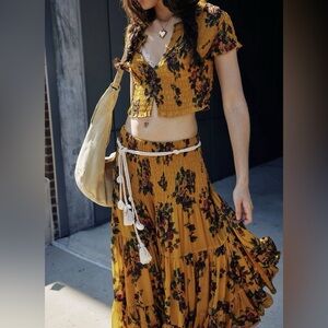 FREE PEOPLE Set Bohemian Floral Maxi Skirt in Mustard